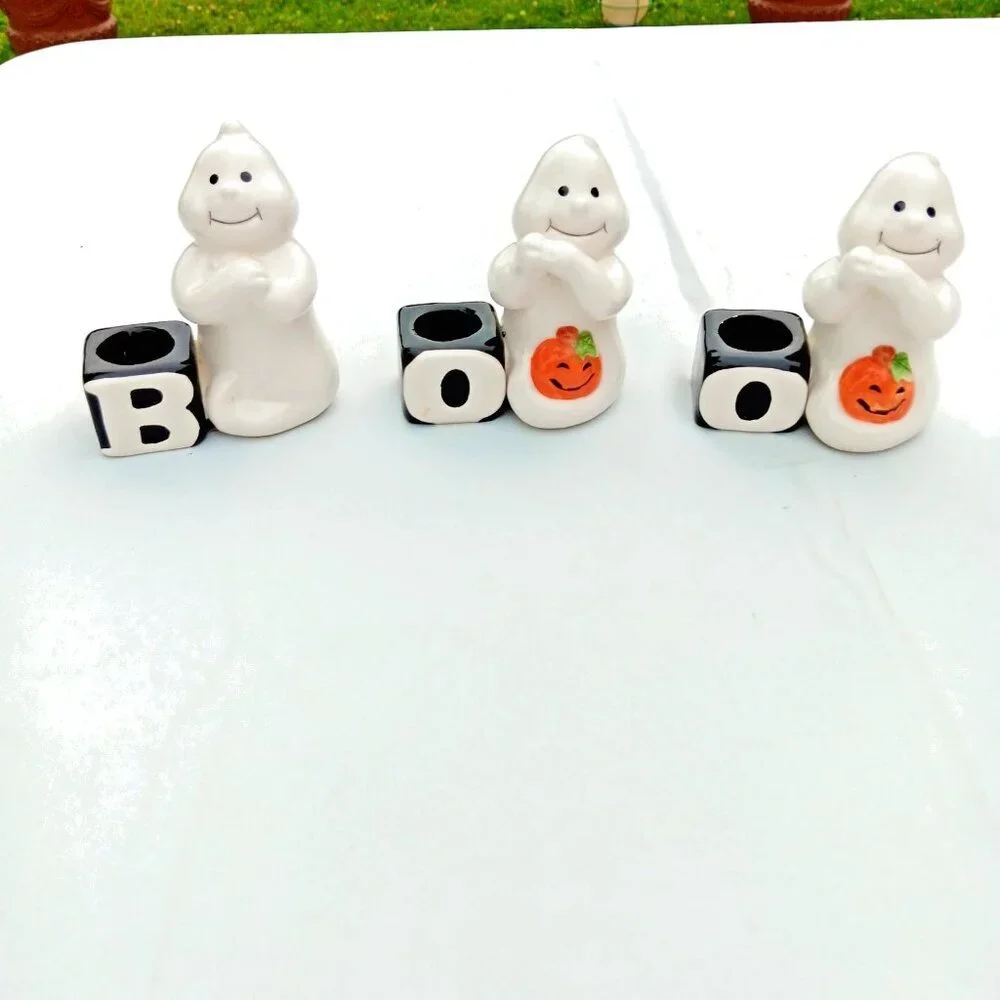 VTG 90s Halloween Candle Holders BOO Ghosts Ceramic Retro Fall Decor Set‎ Lot of